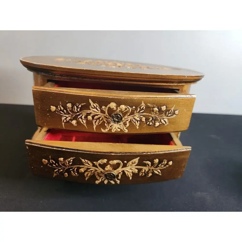Vintage wood Florentine Jewelry Box-2 Drawers-Gold music box
